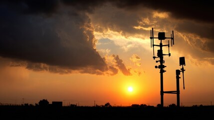 Naklejka premium Sunset View of a Telecommunications Tower Silhouetted Against Dramatic Clouds and a Colorful Sky in a Rural Area