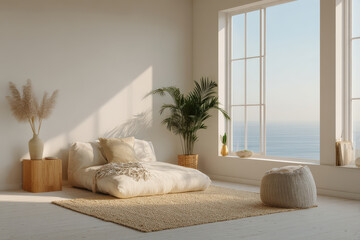 minimalist smart home featuring large that invite soft morning light into tranquil setting