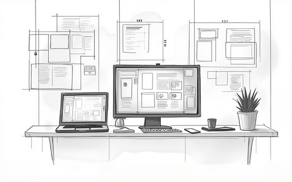 Website designer Creative planning application developer development draft sketch drawing template layout prototype framework wireframe design studio . User experience concept . High quality