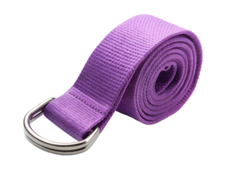 Rolled purple yoga strap with metal dring buckle, isolated on transparent background