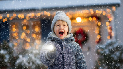 joyful boy stands in front of house holding ultrabright flashlight and exclaiming christmas winter evening creates