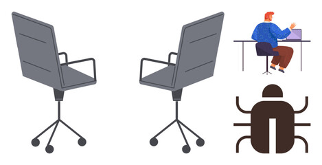 Two ergonomic office chairs next to a desk setup with a person using a laptop. Ideal for remote work, collaboration, office design, productivity, workplace setup, telecommuting, simple flat metaphor