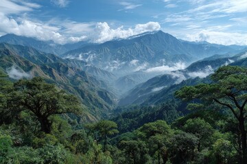 Fototapeta premium Lush mountain valley vista under a partly cloudy sky