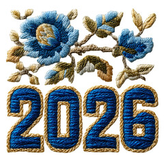 Embroidered floral design with the year twenty twenty six in blue gold isolated on transprint background