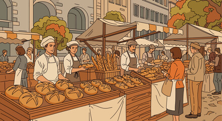 Rustic European Bread Market Scene with Bakers and Customers