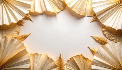 Golden Leaves and Fan Decoration Border on White Background