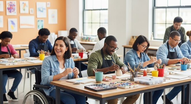 Artistic Endeavor: A diverse group of individuals, engrossed in their individual artistry, paint and create within a spacious, sunlit studio, reflecting creativity and collaborative spirit.