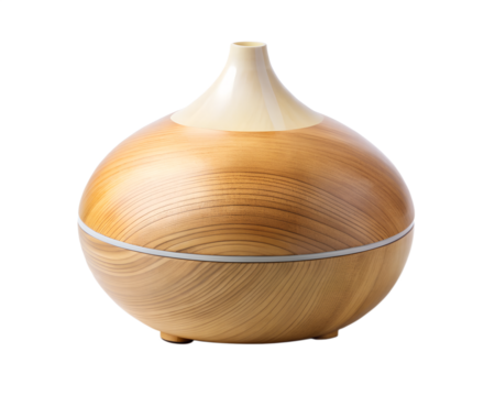 Wooden aroma essential oil diffuser humidifier for home wellness, isolated on transparent background