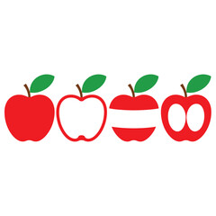 Four stylized red apples with green leaves in a row showing different stages of being cut