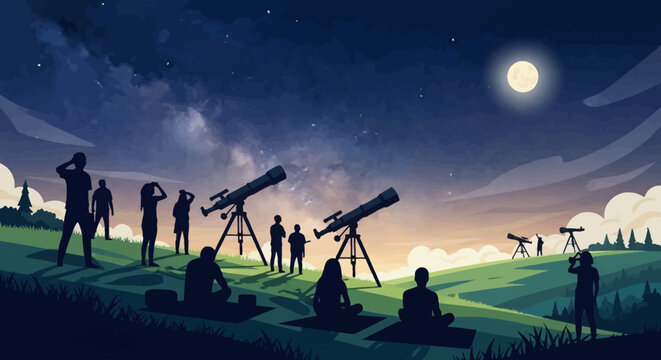 Silhouetted stargazers observe the night sky with telescopes under a bright moon