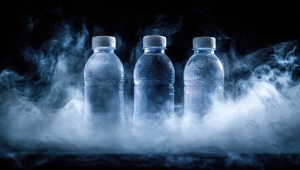 Three chilled water bottles in smoky ambiance
