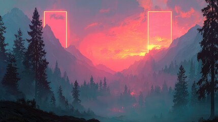 Misty mountain valley, vibrant sunset, glowing frames