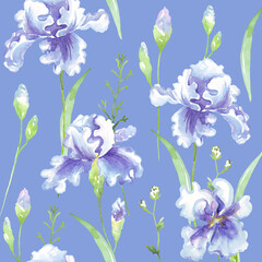 Seamless floral pattern with blue watercolor irises
