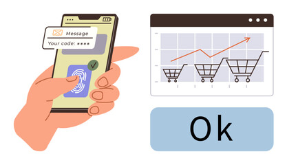 Hand holding smartphone with fingerprint scan and OTP message, sales chart with shopping carts and growth arrow, Ok confirmation. Ideal for e-commerce, security, business, growth, data, technology