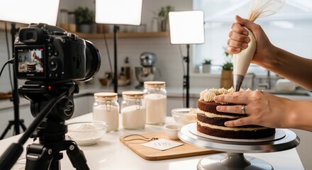 Baking Delight: A hands-on demonstration of culinary creativity, with a camera poised to capture every delicate detail of frosting a cake in a modern kitchen setting.