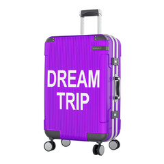Dream Trip concept with suitcase. 3D rendering