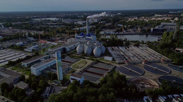 sewage treatment plant, circular clarifiers. Gorgeous aerial view flight drone