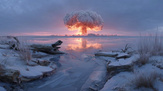 凍てつく湖上に映る核爆発の北極幻想