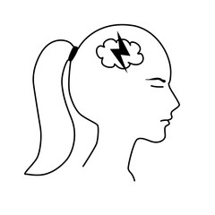 Female head in profile with brain cloud and lightning bolt, line art style, black and white vector illustration. Perfect for health, neurology, stress, and migraine-related content.