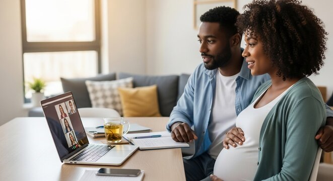 Anticipation's Embrace: A pregnant couple shares a tender moment during a video call, their eyes filled with anticipation and connection as they embark on their parenthood journey. 
