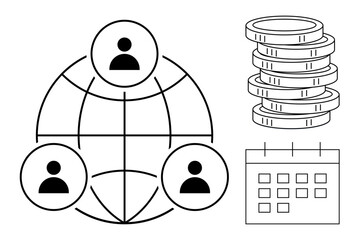 Globe with user icons for networking, coin stack for finance, and calendar for planning. Ideal for collaboration, economics, scheduling, digital marketing, remote work, team management simple flat