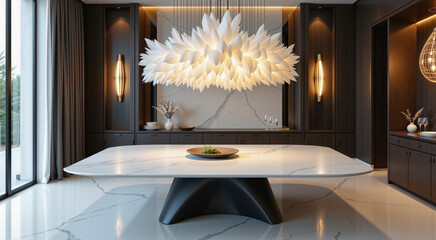 Elegant dining room with sculptural marble table and floral chandelier