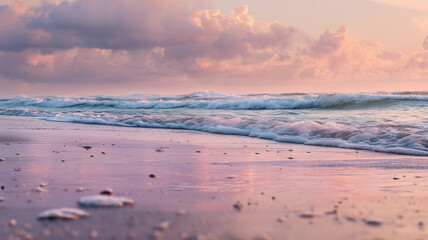 朝焼けに染まる淡い海と雲の広大な夢幻風景