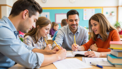 Group of students studying together with books in classroom  