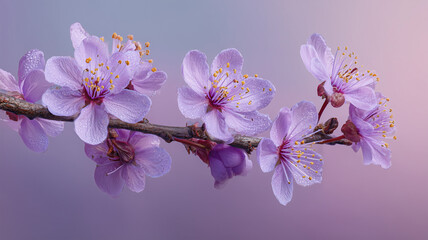 桜の枝が輝く薄紫色の花房を写した精密静物画