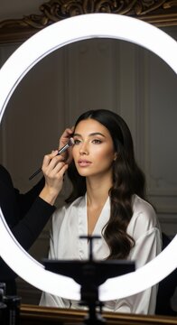 Artistry's Embrace: A makeup artist delicately applies cosmetic enhancements to a beautiful woman, framed by the soft glow of a ring light.