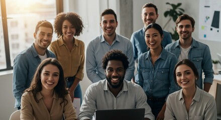 Diverse Team's Collaborative Portrait: A collaborative portrait of a diverse group, exuding positivity and professional camaraderie, radiating unity and shared ambition. 