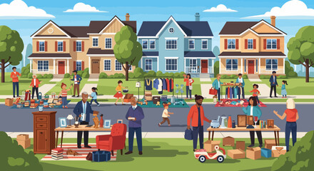 Vibrant Neighborhood Garage Sale with Families and Community
