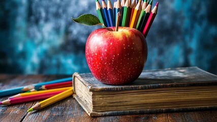 Apple, Pencil, and Book: The image is showcasing a red apple as a symbol of knowledge, surrounded by colorful pencils nestled in a worn book, conveying the charm of an academic aesthetic.