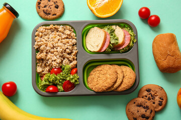Lunchbox with delicious food and bottle of juice on turquoise background
