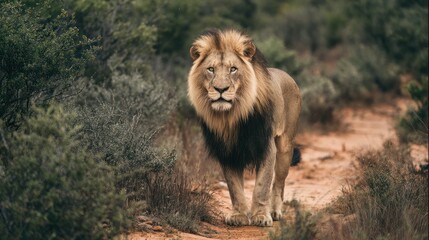Obraz premium A majestic male lion stands on a path, framed by lush vegetation and looking directly at the viewer