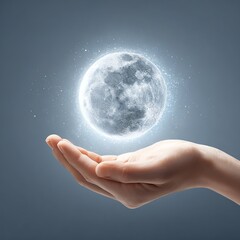 hand holding glowing full moon over open palm, mystical mood
