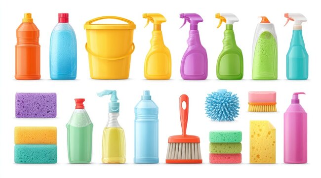 Colorful cleaning supplies and tools