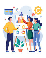 Team of 3 Working on Creative Whiteboard with Diagrams