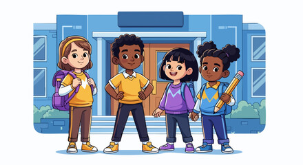 Diverse Group of Children Standing Together Smiling in Front of School Building for Educational Blogs, Social Awareness, and Youth Programs  