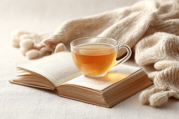 open book and tea on bed tray, blanket texture, gentle light