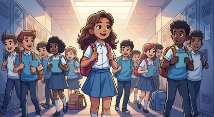 Confident Girl Surrounded by Schoolmates in Bright Hallway for Education Blogs, School Spirit Websites, Childhood Development Articles, and Social Media Content  