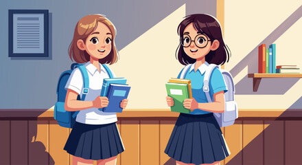 Two Happy Schoolgirls Holding Books in Classroom Setting for Educational Blogs, Student Life Websites, Classroom Decor, and School Awareness Campaigns  