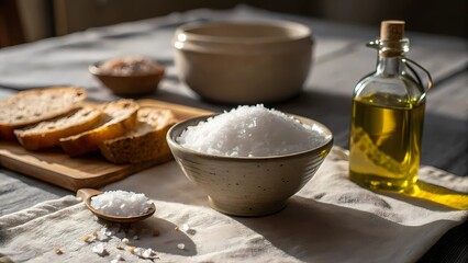Fototapeta premium Rustic Bread, Olive Oil, and Salt on Linen in Natural Light