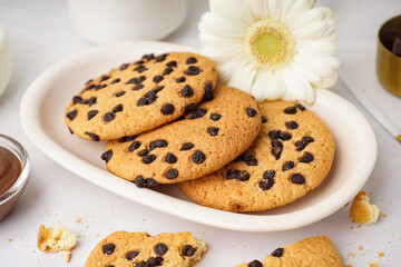 Plate of tasty cookies with chocolate chips and chamomile flower on white background