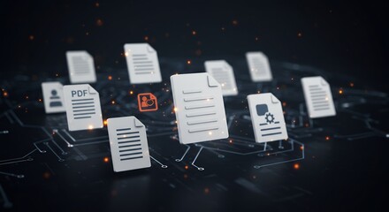 Digital Documents Floating Above Circuit Board, Futuristic Data Concept.