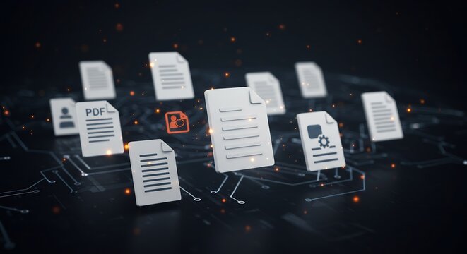 Digital Documents Floating Above Circuit Board, Futuristic Data Concept.