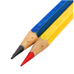 Close-up of two sharpened colored pencils, tips angled toward viewer.  Pencils are yellow, blue, green, and red; wood grain visible