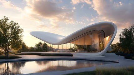 Modern house with curved roof reflected in water surrounded by trees and sky.