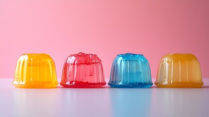 Colorful gelatin desserts lined up in row. Yellow, red, blue and orange jelly on white surface with pink background. Bright and playful food concept. National Jell-O Week celebration