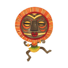 Dancing african aborigine in a brown round mask with orange fringe with legs outstretched. Watercolor illustration, hand drawn, cartoon. Drawing for poster, stickers, print. Africa, mask, funny